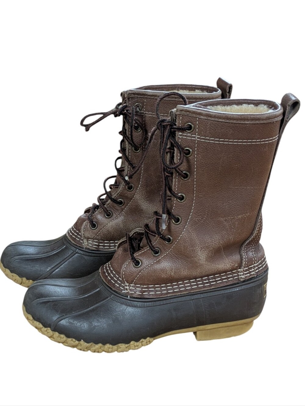 Vintage L.L. Bean Shearling Lined Brown Leather Duck Boots Size 8 Womens